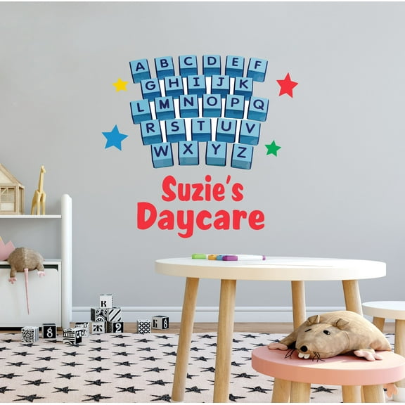 KIDS DAYCARE - Child Care Vinyl Educational Customized Name Decoration English Alphabet Letter Cubes Design Removable Nursery Wall Decal Sticker 20" x 18"
