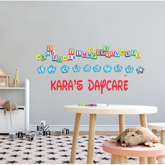 KIDS DAYCARE - Kids Playroom Nursery Educational Decoration Customized Name Design English Alphabet Cubes Number Clouds Multicolored Vinyl Wall Decal Sticker 10" x 4"