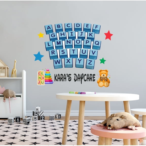 KIDS DAYCARE - Multicolored Children's Toys Educational Vinyl Nursery Art Decoration Alphabet Cubes Teddy Bear Design Personalized Name Child Care Wall Decal 10" x 8"