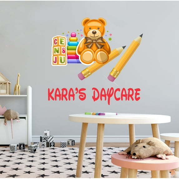 KIDS DAYCARE - Vinyl Child Care Multicolored Decoration Sticker Teddy Bear Alphabet Cube Toys Design Adhesive Kids Playroom Nursery Personalized Name Wall Decal 10" x 9"