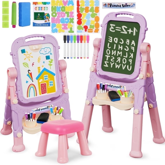 Kids Easel with Chair Double Sided Drawing Board Height Adjustable Art Chalkboard and White Board Educational Toys 3 4 5 Year Boys Birthday Gifts