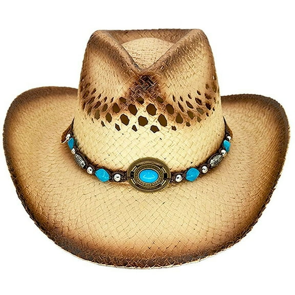 KIDS GIRLS Tea Stain Straw COWBOY HAT w/ Turquoise Blue Beads WESTERN Cowgirl Childrens