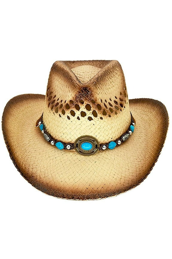 KIDS GIRLS Tea Stain Straw COWBOY HAT w/ Turquoise Blue Beads WESTERN Cowgirl Childrens