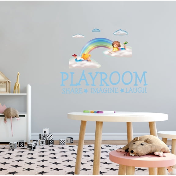 KIDS PLAYROOM - Kids Nursery Multicolored Decoration Children In Clouds Rainbow Sky Design Playroom Share Imagine Laugh Lettering Art Home Bedroom Wall Decal 10" x 7"