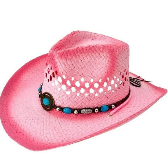 KIDS Pink Straw COWBOY HAT w/ Turquoise Blue Beads Shapeable WESTERN Cowgirl - New with box/tags