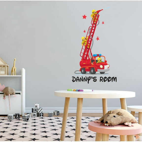 KIDS ROOM - Kids Playroom Fire Fighters & Fire Engine Multicolored Decoration Sticker Personalized Name Lettering Art Design Vinyl Adhesive Home Wall Decal 6" x 10"