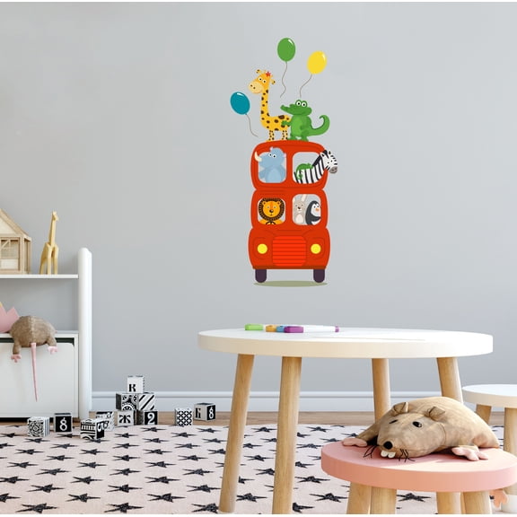 KIDS ROOM - Multicolored Animal Decal Balloons Safari & Wild Animals Tour Bus Design Vinyl Kids Playroom Nursery Child Care Wall Decal Sticker 16" x 40"