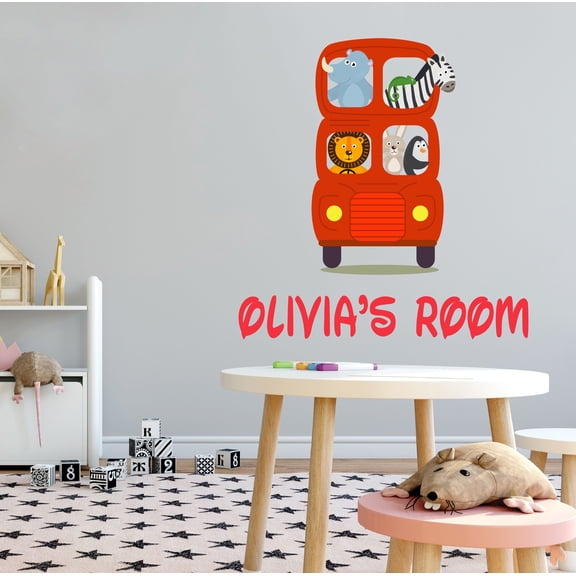 KIDS ROOM - Multicolored Kids Bedroom Decoration Sticker Safari Animals Tour Bus Design Home Bedroom Personalized Name Vinyl Wall Decal 10" x 10"