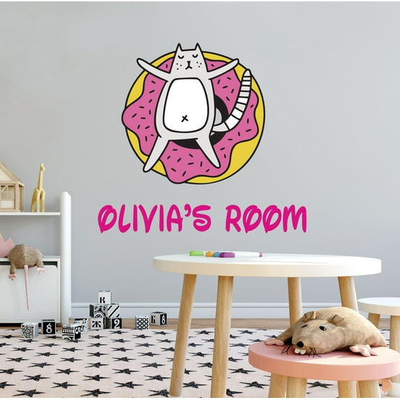 KIDS ROOM - Removable Strawberry Donut Cat Bed Multicolored Decoration Sticker Personalized Name Design Kids Bedroom Vinyl Adhesive Wall Decal 30" x 27"