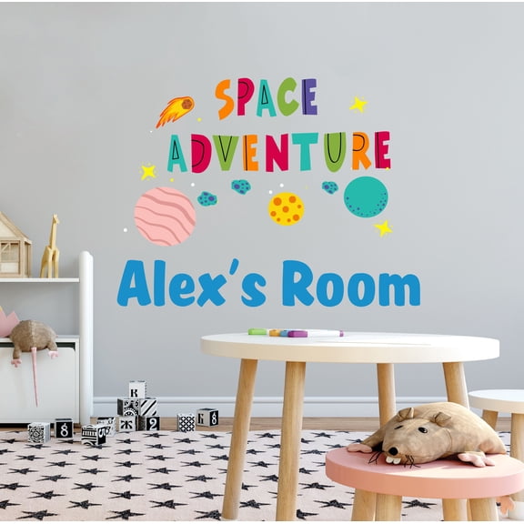 KIDS ROOM - Space Adventure Lettering Art Multicolored Wall Decoration Outer Space Planets Moon Stars & Meteors Design Kids Bedroom Customized Name Vinyl Wall Decal 10" x 8"
