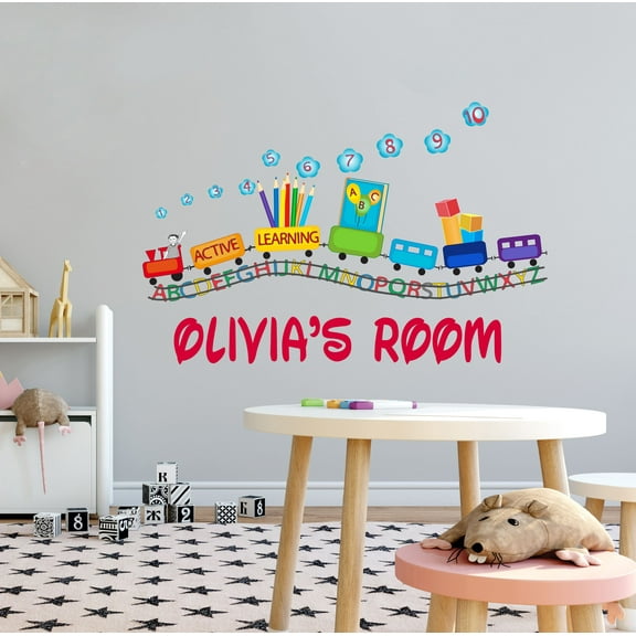 KIDS ROOM - Vinyl Home Educational Art Decoration Learning Materials Toy Train English Alphabet Railway Design Kids Bedroom Customized Name Wall Decal Sticker 10" x 7"
