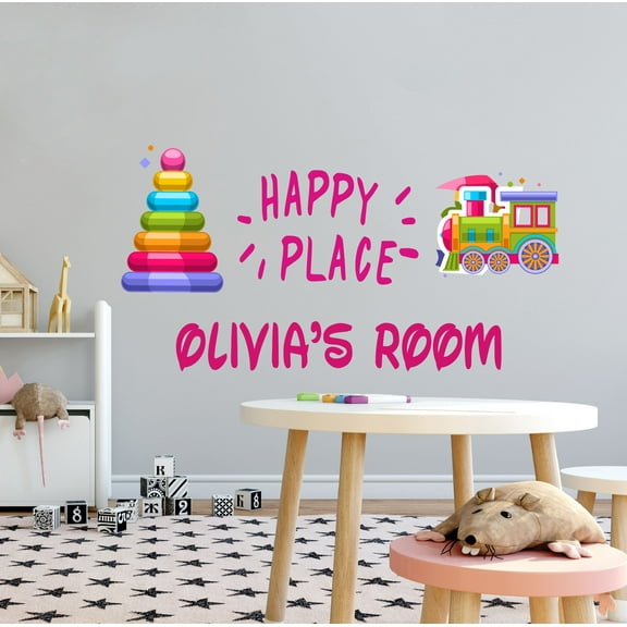 KIDS TOYS - Kids Room Adhesive Multicolored Train Kids Toys Decoration Sticker Happy Place Quote Design Personalized Name Playroom Vinyl Wall Decal 40" x 20"