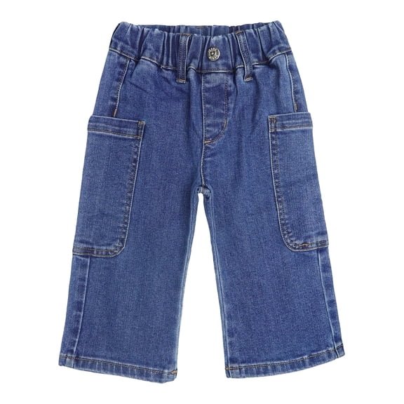 KIDSCOOL Baby Boys Girls Denim Pants Wide Leg Utility Pockets Cargo Jeans,Mid Blue,18-24 Months