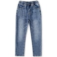thumbnail image 1 of KIDSCOOL SPACE Big Girls Elastic Waist Denim Pants Classic Straight Leg Jeans,Light Blue,4-5 Years, 1 of 7