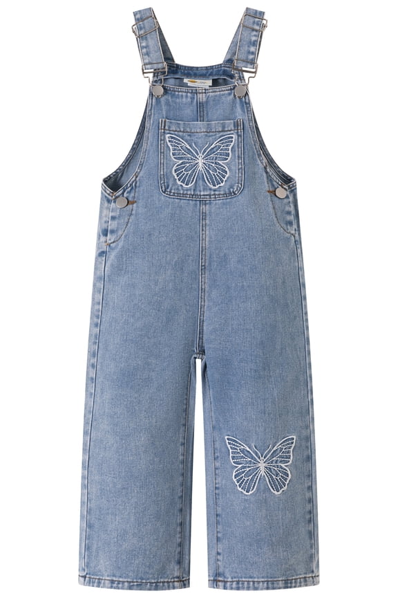 KIDSCOOL Girls Butterfly Denim Overalls,2-7T Cute Todder Little Jean Jumpsuit, Light Blue, 4-5 Years