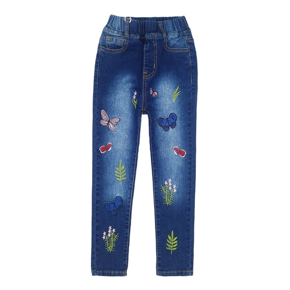 KIDSCOOL SPACE Girls Embroidered Jeans,4-15T Ribbed Elastic Waist Denim Pants,7-8 Years
