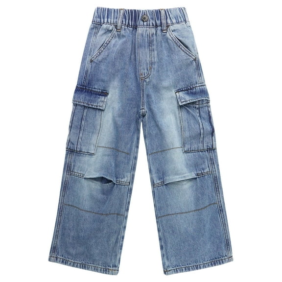KIDSCOOL SPACE 6-Pocket Girls Wide-leg Denim Pants, 5-14T Ribbed Elastic Waist with D-ring Loops Cargo Jeans,Light Blue,13-14 Years