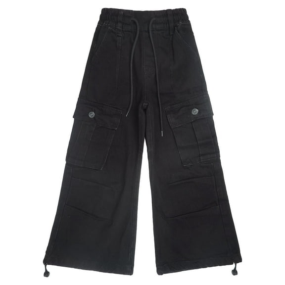 KIDSCOOL SPACE 6-Pocket Girls Wide-leg Denim Pants, 5-14T Ribbed Waist with D-ring Loops & String Cargo Jeans,Black,7-8 Years