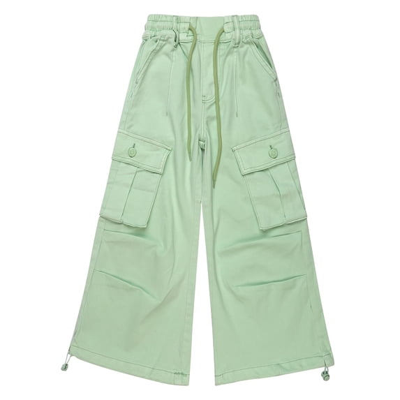 KIDSCOOL Girls Cargo Denim Jeans Elastic Drawstring Waist Wide Leg Pants,Green,8-9 Years