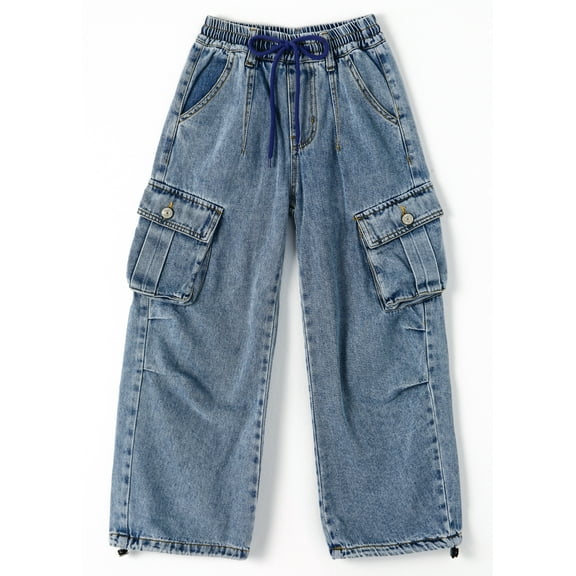 KIDSCOOL SPACE 6-Pocket Girls Wide-leg Denim Pants, 5-14T Ribbed Waist with D-ring Loops & String Cargo Jeans,Light Blue,4-5 Years