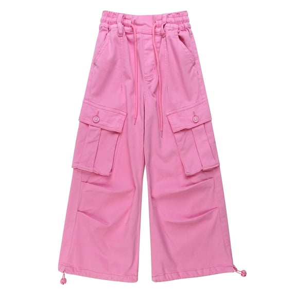 KIDSCOOL SPACE 6-Pocket Girls Wide-leg Denim Pants, 5-14T Ribbed Waist with D-ring Loops & String Cargo Jeans,Pink,10-11 Years