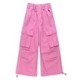 thumbnail image 1 of KIDSCOOL Girls Cargo Denim Jeans Elastic Drawstring Waist Wide Leg Pants,Pink,10-11 Years, 1 of 7