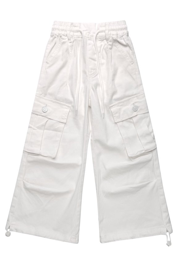 6-Pocket Girls Wide-leg Denim Pants, 5-14T Ribbed Waist with D-ring Loops & String Cargo Jeans,White,13-14 Years