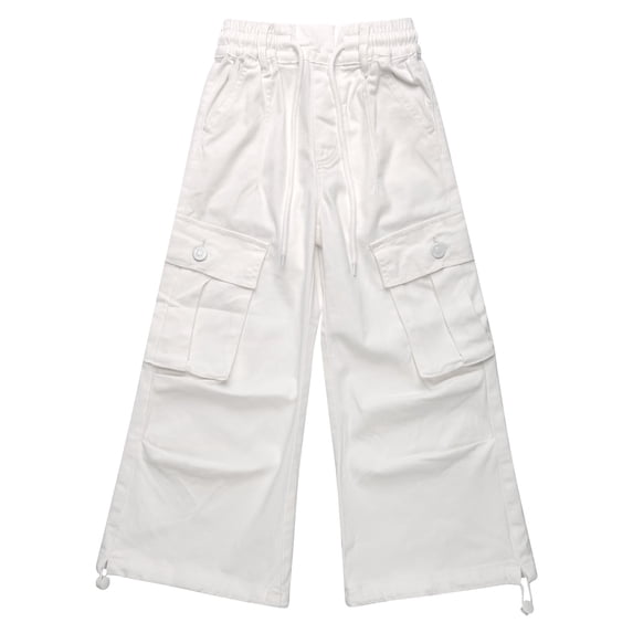 KIDSCOOL Girls Cargo Denim Jeans Elastic Drawstring Waist Wide Leg Pants,White,5-6 Years