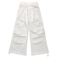 thumbnail image 1 of KIDSCOOL SPACE 6-Pocket Girls Wide-leg Denim Pants, 5-14T Ribbed Waist with D-ring Loops & String Cargo Jeans,White,5-6 Years, 1 of 6