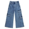 thumbnail image 1 of KIDSCOOL SPACE 7-Pocket Girls Wide-leg Stretch Denim Pants, 5-14T Ribbed Elastic Waist with D-ring Cargo Jeans,Light Blue,4-5 Years, 1 of 7