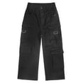 thumbnail image 1 of KIDSCOOL SPACE 8-Pocket Girls Wide-leg Denim Pants, 5-14T Ribbed Elastic Waist with D-ring Loops Cargo Jeans,Black,13-14 Years, 1 of 6