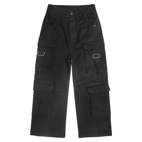 KIDSCOOL SPACE 8-Pocket Girls Wide-leg Denim Pants, 5-14T Ribbed Elastic Waist with D-ring Loops Cargo Jeans,Black,13-14 Years