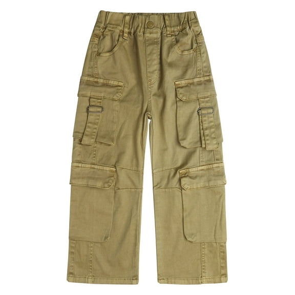 KIDSCOOL SPACE 8-Pocket Girls Wide-leg Denim Pants, 5-14T Ribbed Elastic Waist with D-ring Loops Cargo Jeans,Khaki,7-8 Years