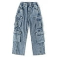 thumbnail image 1 of KIDSCOOL SPACE 8-Pocket Girls Wide-leg Denim Pants, 5-14T Ribbed Elastic Waist with D-ring Loops Cargo Jeans,Light Blue,5-6 Years, 1 of 7