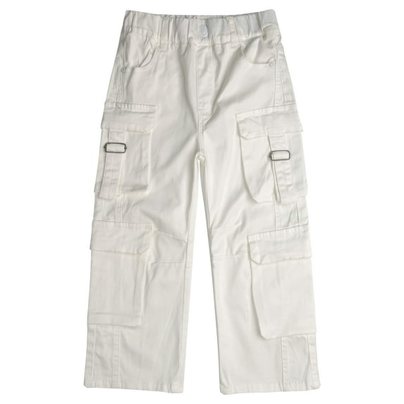 KIDSCOOL SPACE 8-Pocket Girls Wide-leg Denim Pants, 5-14T Ribbed Elastic Waist with D-ring Loops Cargo Jeans,White,12-13 Years