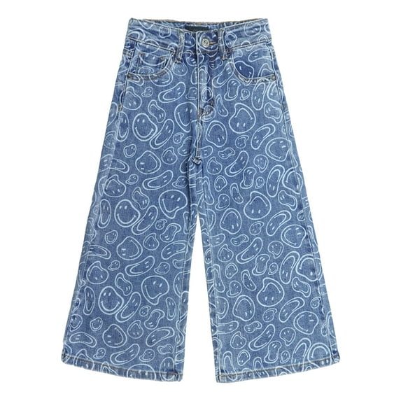 KIDSCOOL SPACE All Over Smiling Face Print Girls Wide-leg Denim Pants, 5-14T Elastic Waist Loose Leg Jeans,Light Blue,8-9 Years