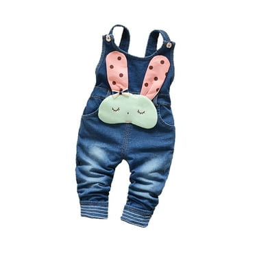KIDSCOOL SPACE Baby 3D Bunny Cartoon Soft Cotton Knitted Jeans Overalls,3-6 Months