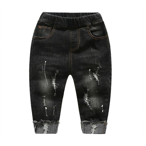 KIDSCOOL SPACE Baby Boy Elastic Waist Ripped Denim Washed Pants,Black,12-18 Months