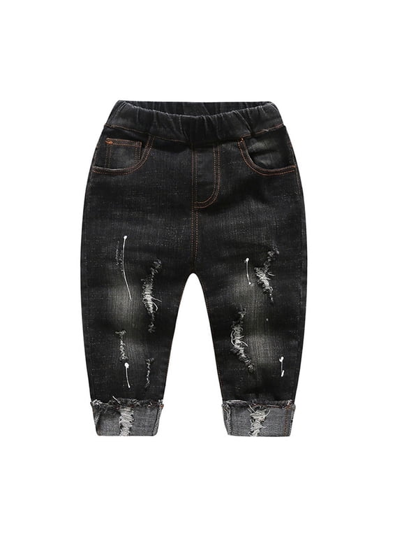 Baby Boy Elastic Waist Ripped Denim Washed Pants,Black,4-5 Years