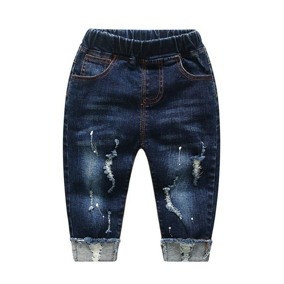 KIDSCOOL SPACE Baby Boy Elastic Waist Ripped Denim Washed Pants,Blue,18-24 Months