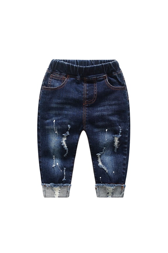 Baby Boy Elastic Waist Ripped Denim Washed Pants,Blue,9-12 Months