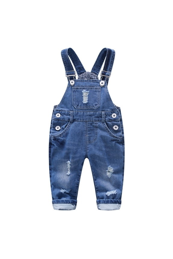 KIDSCOOL Toddler Baby Denim Overalls Ripped Holes Jean Bib Romper Jumpsuit,Blue,12-18 Months
