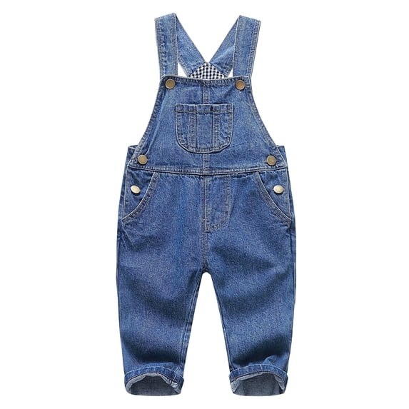 KIDSCOOL Toddler Baby Denim Overalls Classic Gingham Lined Jean Bib Romper, 12-18 Months