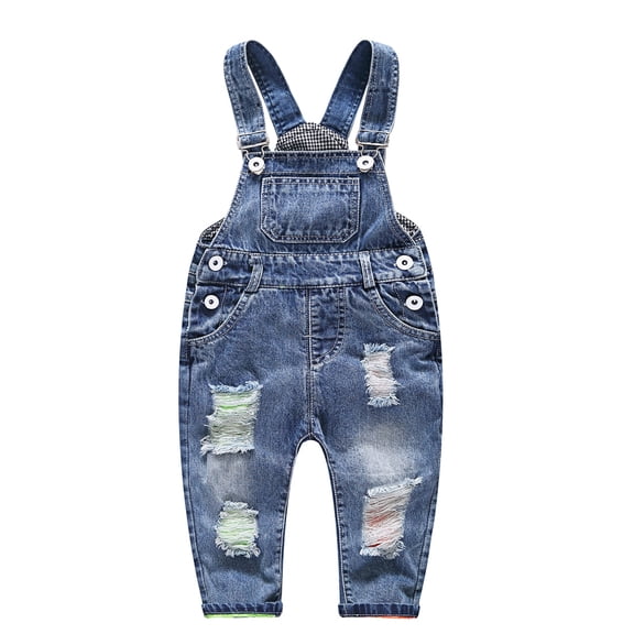 KIDSCOOL SPACE Baby Boy Girl Ripped Denim Cute Workwear Jean Overalls, 12-18 Months