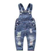 KIDSCOOL Toddler Baby Denim Overalls Ripped Holes Jean Bib Romper Jumpsuit, 2-3 Years