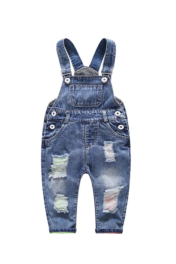 KIDSCOOL Toddler Baby Denim Overalls Ripped Holes Jean Bib Romper Jumpsuit, 3-4 Years