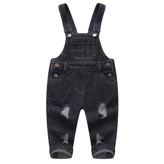 KIDSCOOL SPACE Baby Boy Girl Ripped Denim Cute Workwear Jean Overalls,Black,18-24 Months