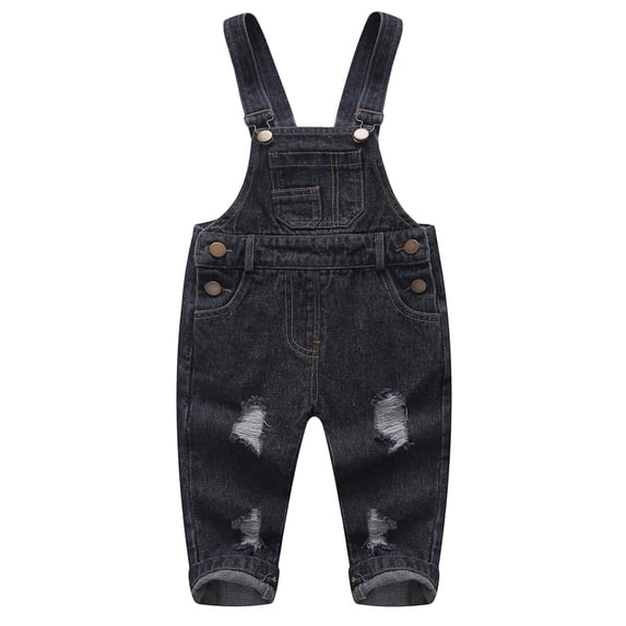 KIDSCOOL Toddler Baby Denim Overalls Ripped Holes Jean Bib Romper Jumpsuit,Black,18-24 Months