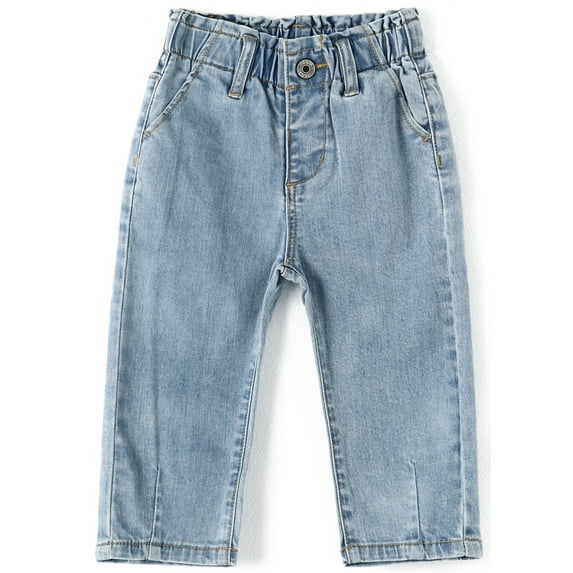 KIDSCOOL SPACE Baby Boy Jeans,2 Back Pockets D Ring Elastic Waist Denim Pants,Light Blue,12-18 Months