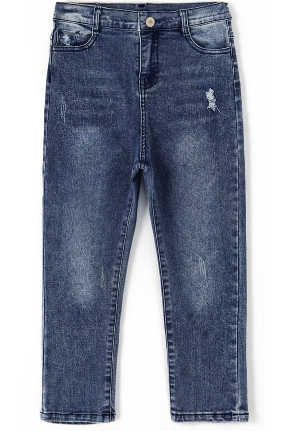 Baby Boy Slim Fit Jeans,Toddler Kid Ripped Elastic Band Inside Denim Pants,Deep Blue,12-18 Months